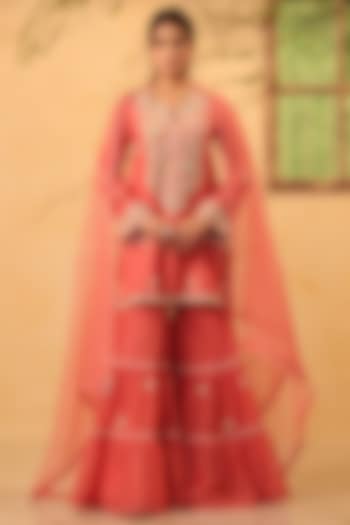 Pink Silk Chanderi Resham & Tikki Embroidered Wedding Sharara Set by Niti Bothra at Pernia's Pop Up Shop