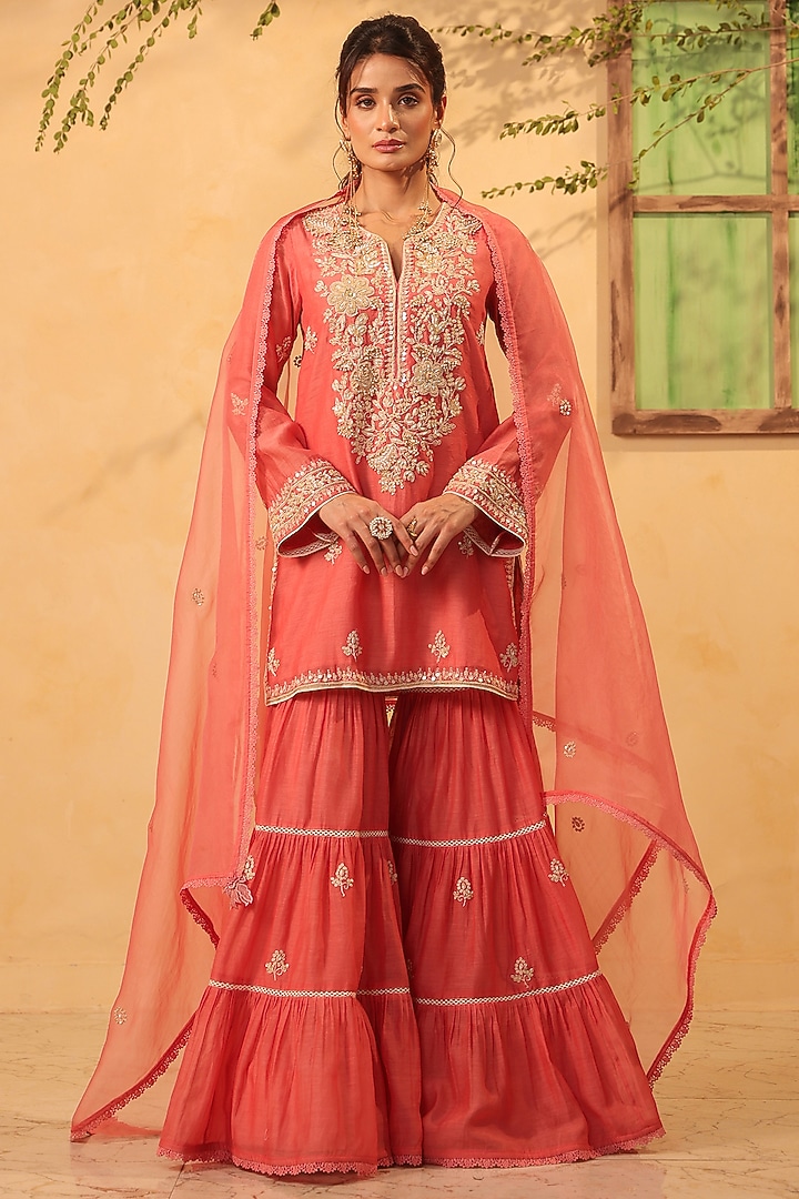 Pink Silk Chanderi Resham & Tikki Embroidered Wedding Sharara Set by Niti Bothra at Pernia's Pop Up Shop
