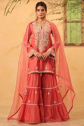 Pink Silk Chanderi Resham & Tikki Embroidered Sharara Set by Niti Bothra