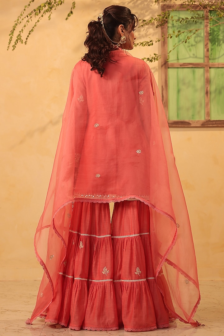 Pink Silk Chanderi Resham & Tikki Embroidered Wedding Sharara Set by Niti Bothra at Pernia's Pop Up Shop