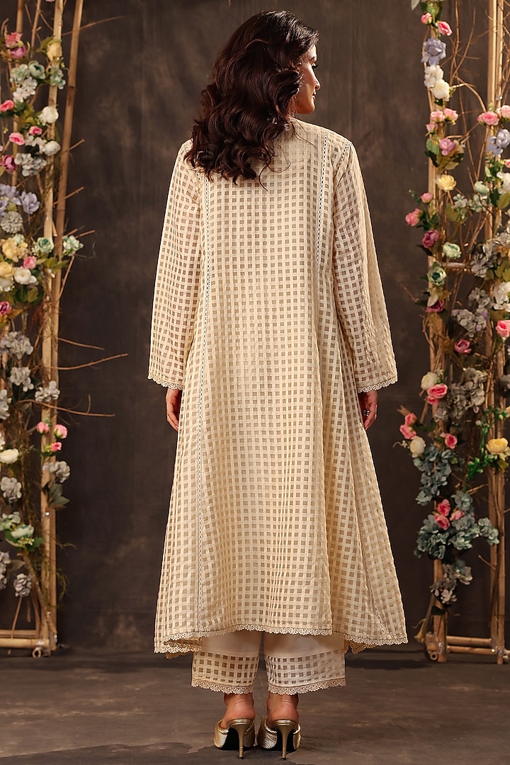 Beige Silk Chanderi Applique & Resham Embroidered Kalidar Kurta Set by Niti Bothra at Pernia's Pop Up Shop
