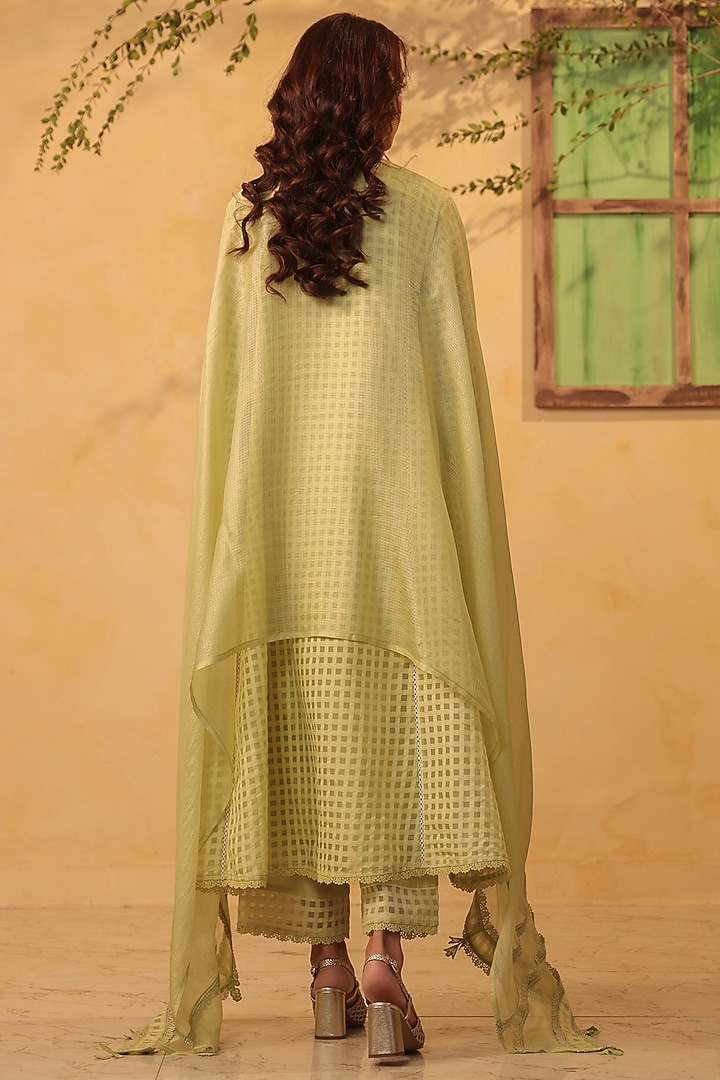 Green Silk Chanderi Applique & Resham Embroidered Kalidar Kurta Set by Niti Bothra at Pernia's Pop Up Shop