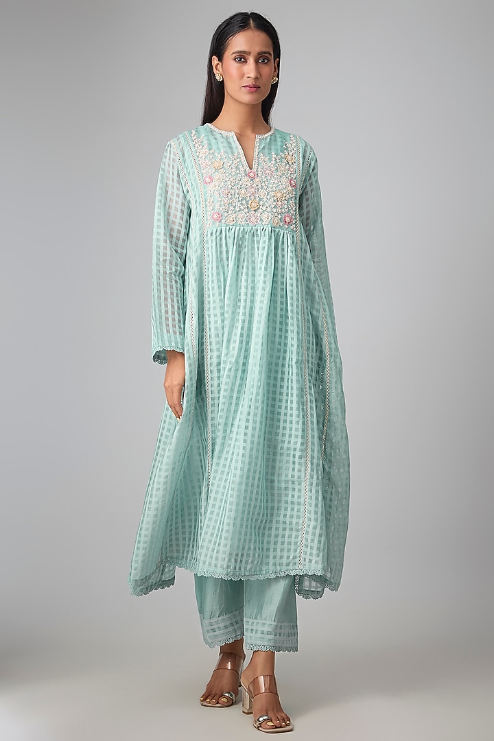 Light Blue Silk Chanderi Kurta Set by Niti Bothra at Pernia's Pop Up Shop