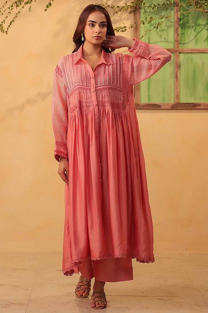 Pink Silk Chanderi & Silk Tencel Kurta Set by Niti Bothra at Pernia's Pop Up Shop