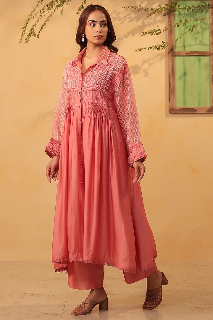 Pink Silk Chanderi & Silk Tencel Kurta Set by Niti Bothra at Pernia's Pop Up Shop