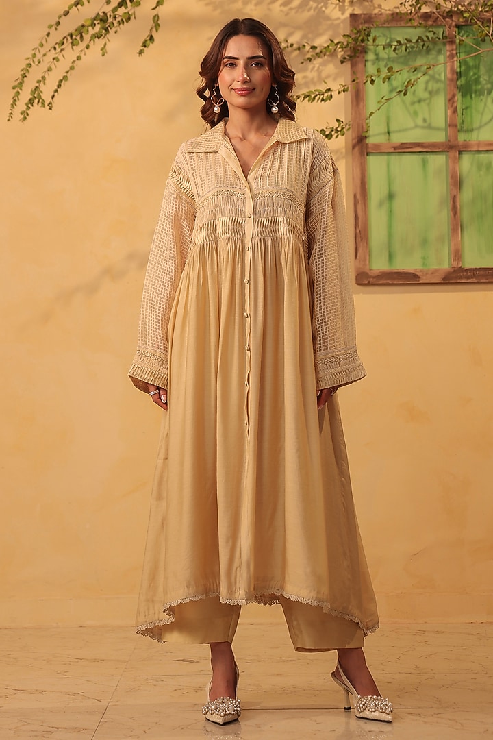Beige Silk Chanderi & Silk Tencel Kurta Set by Niti Bothra at Pernia's Pop Up Shop