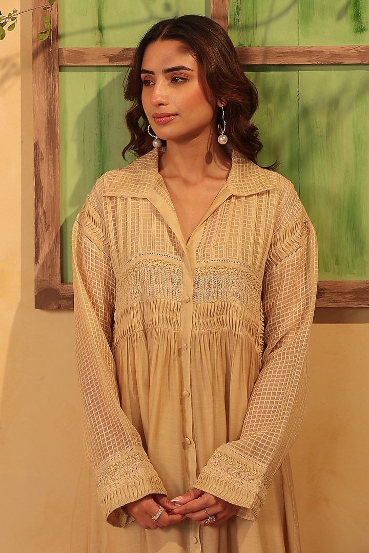 Beige Silk Chanderi & Silk Tencel Kurta Set by Niti Bothra at Pernia's Pop Up Shop