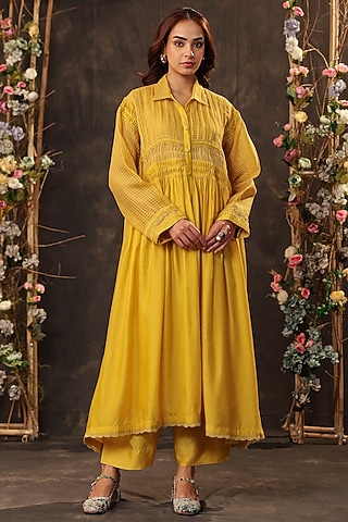 Yellow Silk Chanderi & Silk Tencel Kurta Set by Niti Bothra