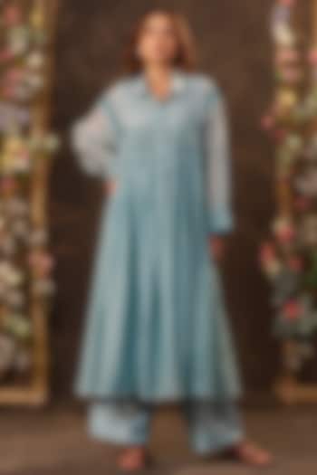 Light Blue Silk Chanderi & Silk Tencel Kurta Set by Niti Bothra at Pernia's Pop Up Shop