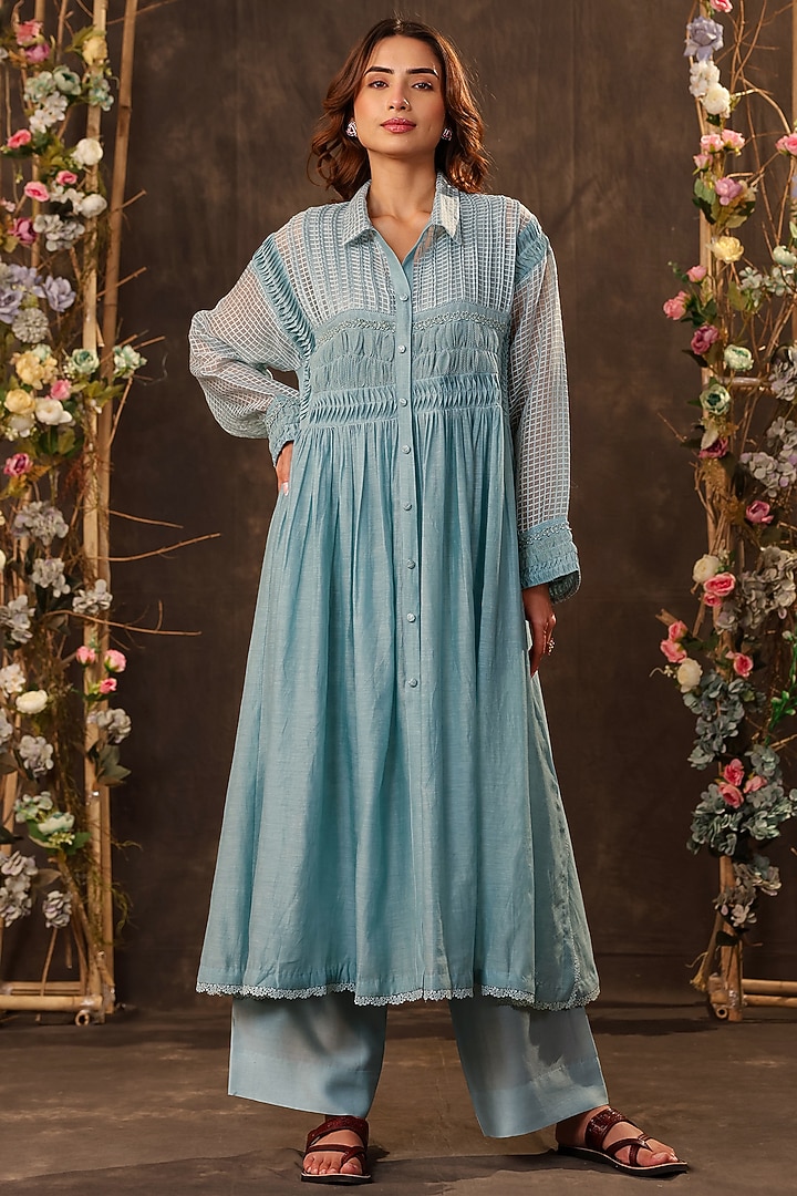 Light Blue Silk Chanderi & Silk Tencel Kurta Set by Niti Bothra at Pernia's Pop Up Shop