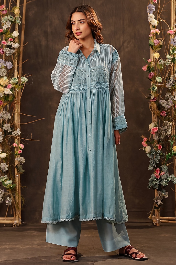 Light Blue Silk Chanderi & Silk Tencel Kurta Set by Niti Bothra at Pernia's Pop Up Shop