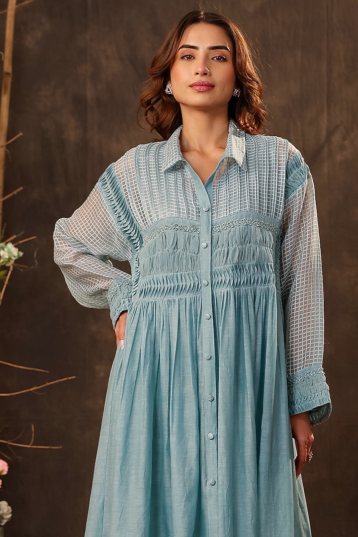 Light Blue Silk Chanderi & Silk Tencel Kurta Set by Niti Bothra at Pernia's Pop Up Shop