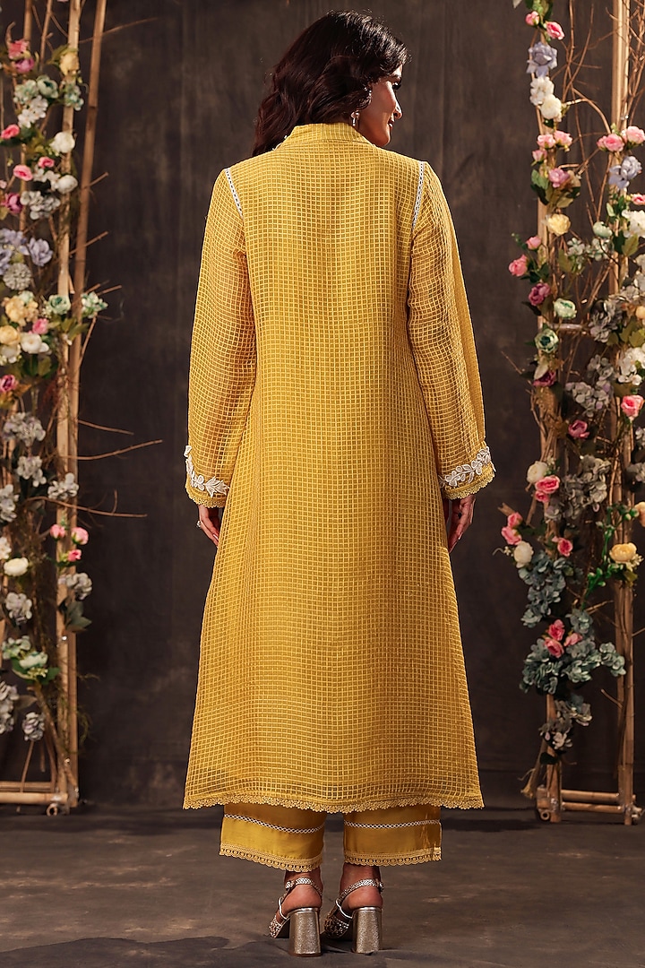 Yellow Silk Chanderi Applique Embroidered Kurta Set by Niti Bothra at Pernia's Pop Up Shop