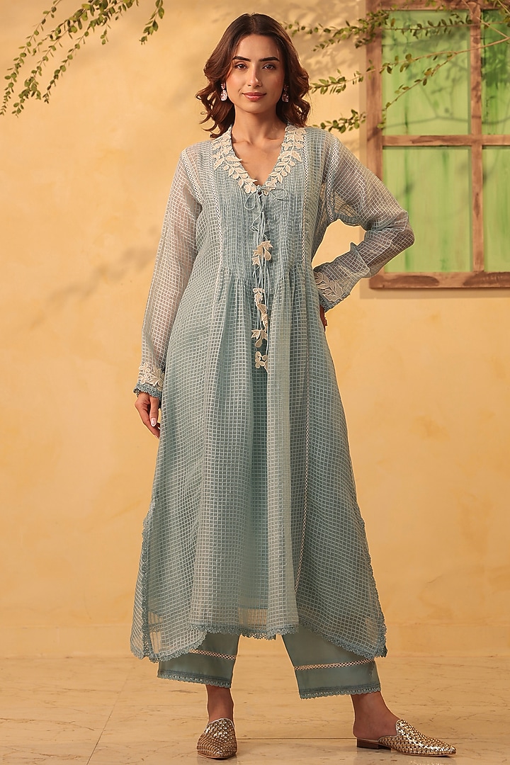 Light Blue Silk Chanderi Applique Embroidered Kurta Set by Niti Bothra at Pernia's Pop Up Shop