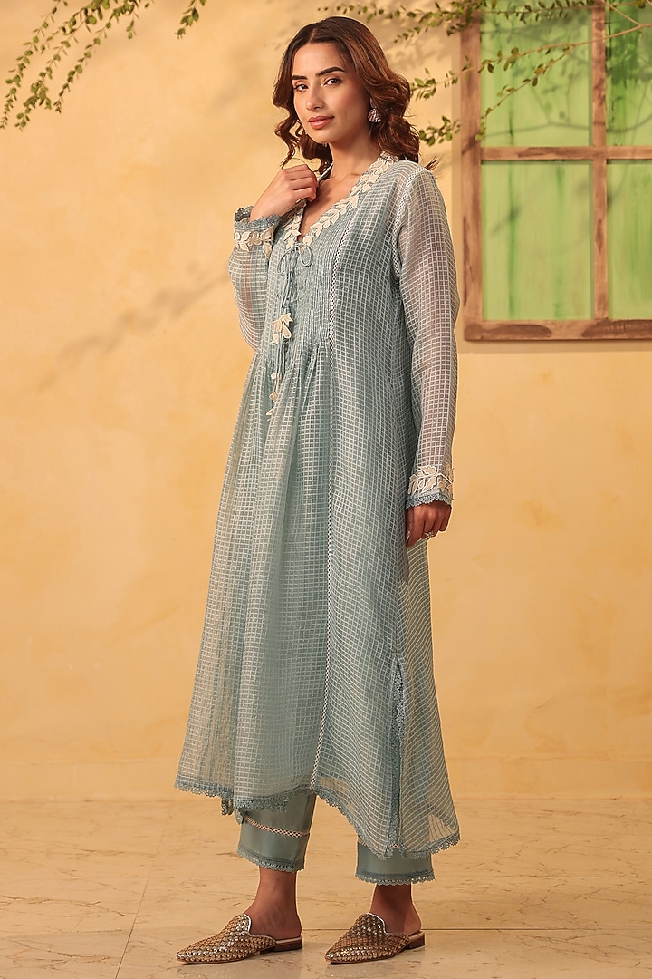 Light Blue Silk Chanderi Applique Embroidered Kurta Set by Niti Bothra at Pernia's Pop Up Shop