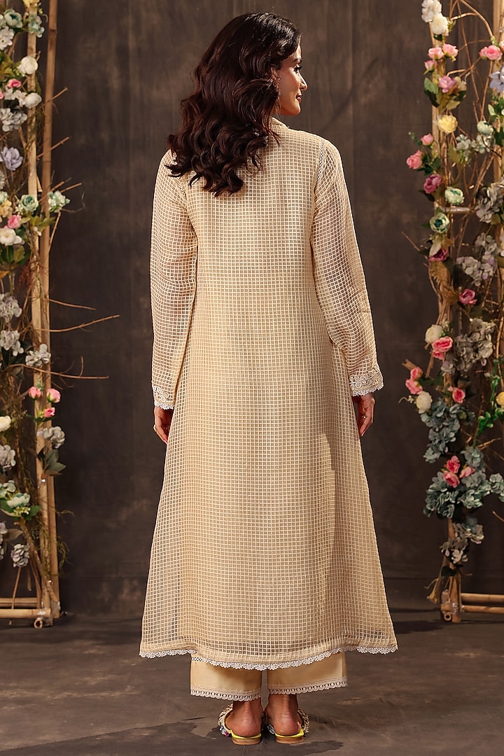 Beige Silk Chanderi Applique Embroidered Kurta Set by Niti Bothra at Pernia's Pop Up Shop