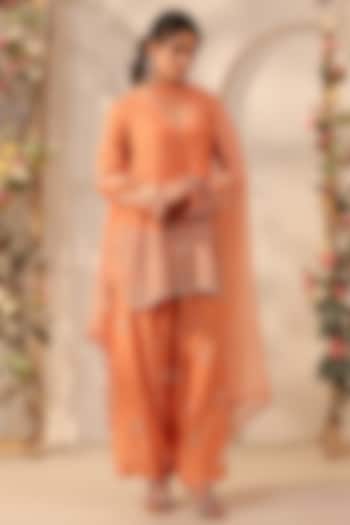 Orange Modal Silk Resham & Applique Embroidered Kurta Set by Niti Bothra at Pernia's Pop Up Shop