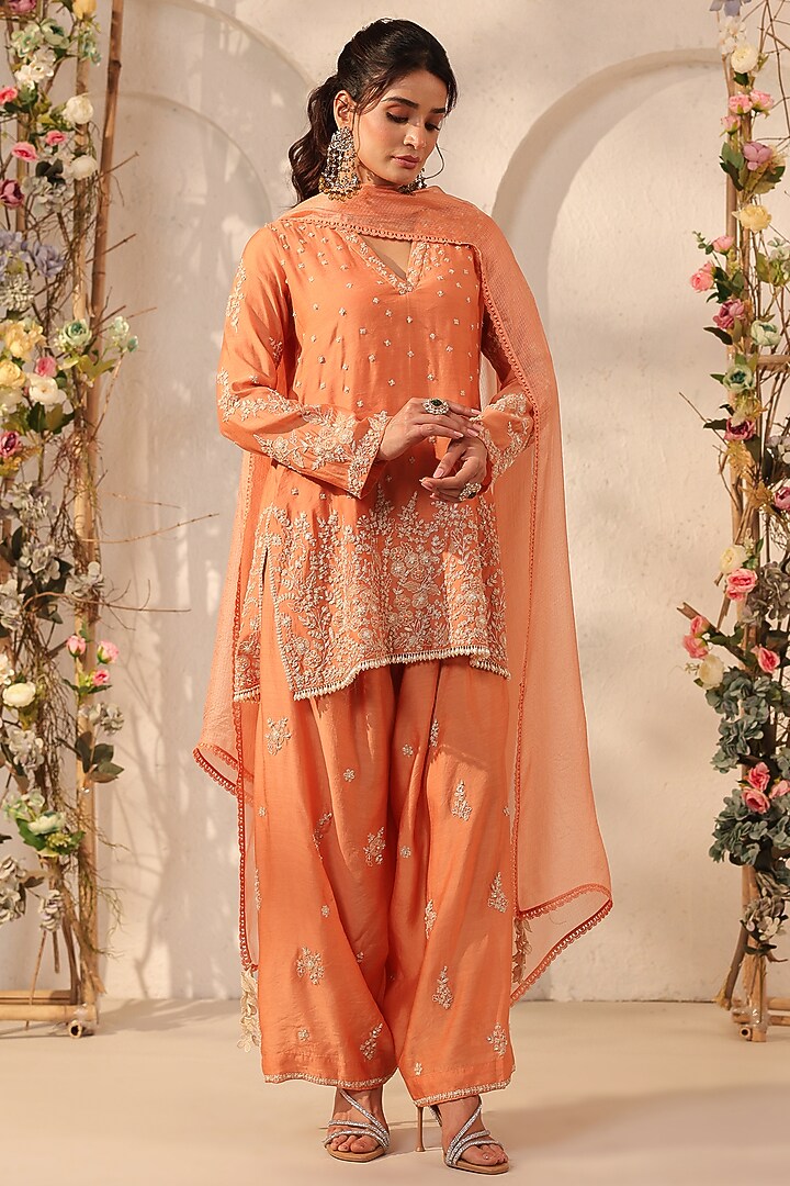 Orange Modal Silk Resham & Applique Embroidered Kurta Set by Niti Bothra at Pernia's Pop Up Shop