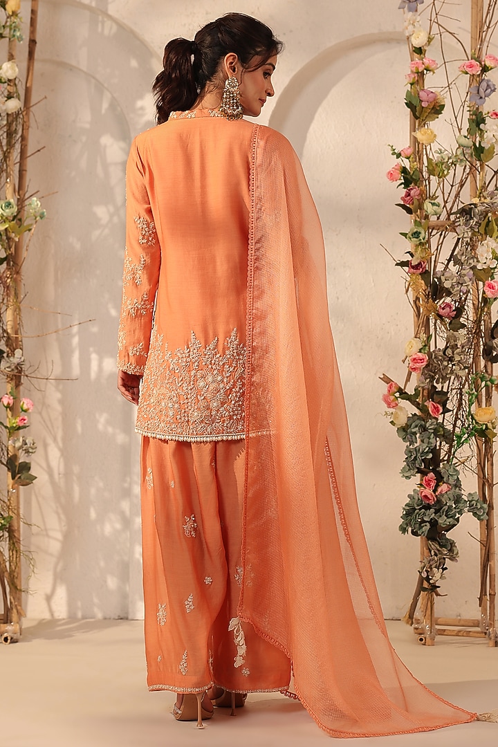 Orange Modal Silk Resham & Applique Embroidered Kurta Set by Niti Bothra at Pernia's Pop Up Shop