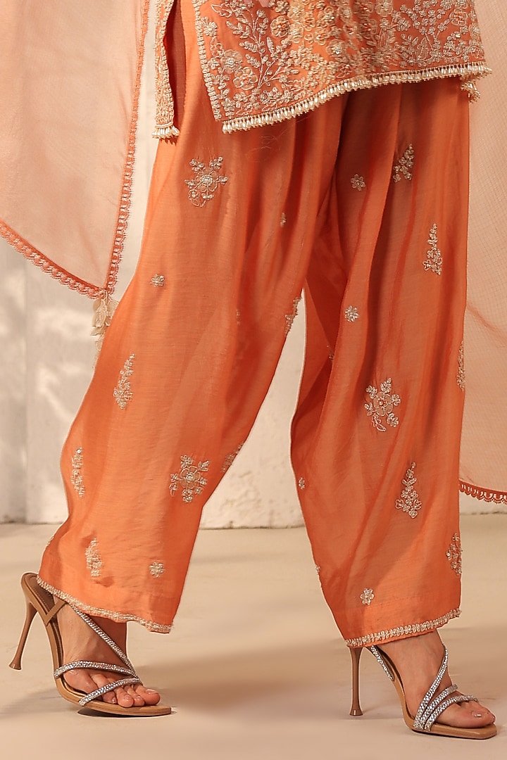 Orange Modal Silk Resham & Applique Embroidered Kurta Set by Niti Bothra at Pernia's Pop Up Shop