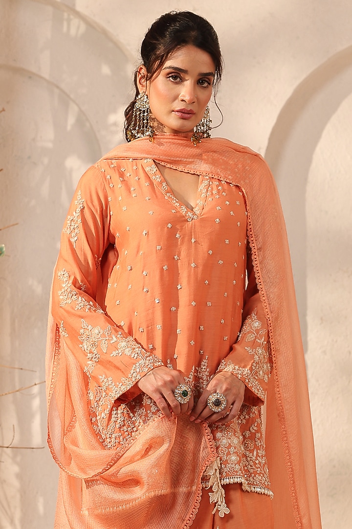 Orange Modal Silk Resham & Applique Embroidered Kurta Set by Niti Bothra at Pernia's Pop Up Shop