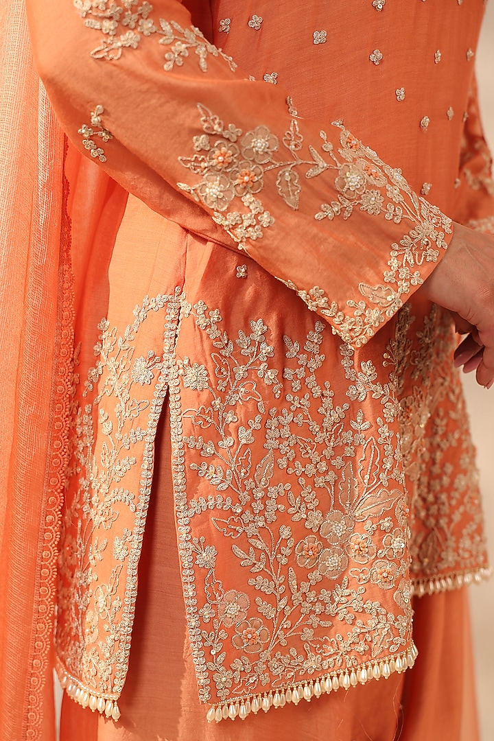 Orange Modal Silk Resham & Applique Embroidered Kurta Set by Niti Bothra at Pernia's Pop Up Shop