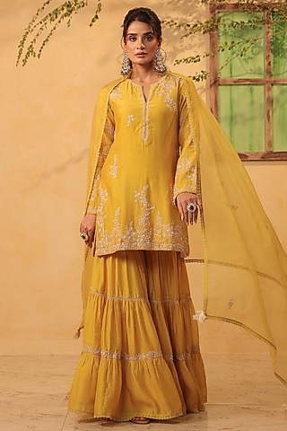 Yellow Silk Chanderi Resham Embroidered Layered Sharara Set by Niti Bothra