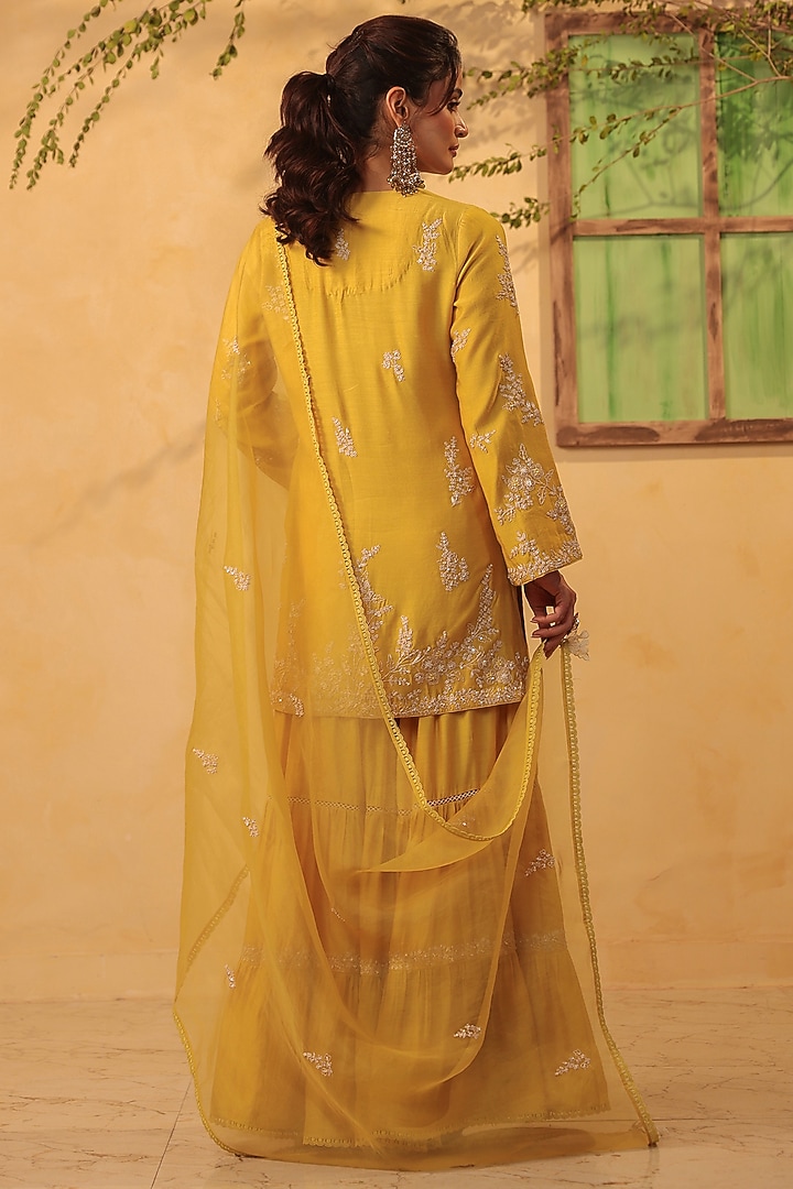 Yellow Silk Chanderi Resham Embroidered Layered Wedding Sharara Set by Niti Bothra at Pernia's Pop Up Shop