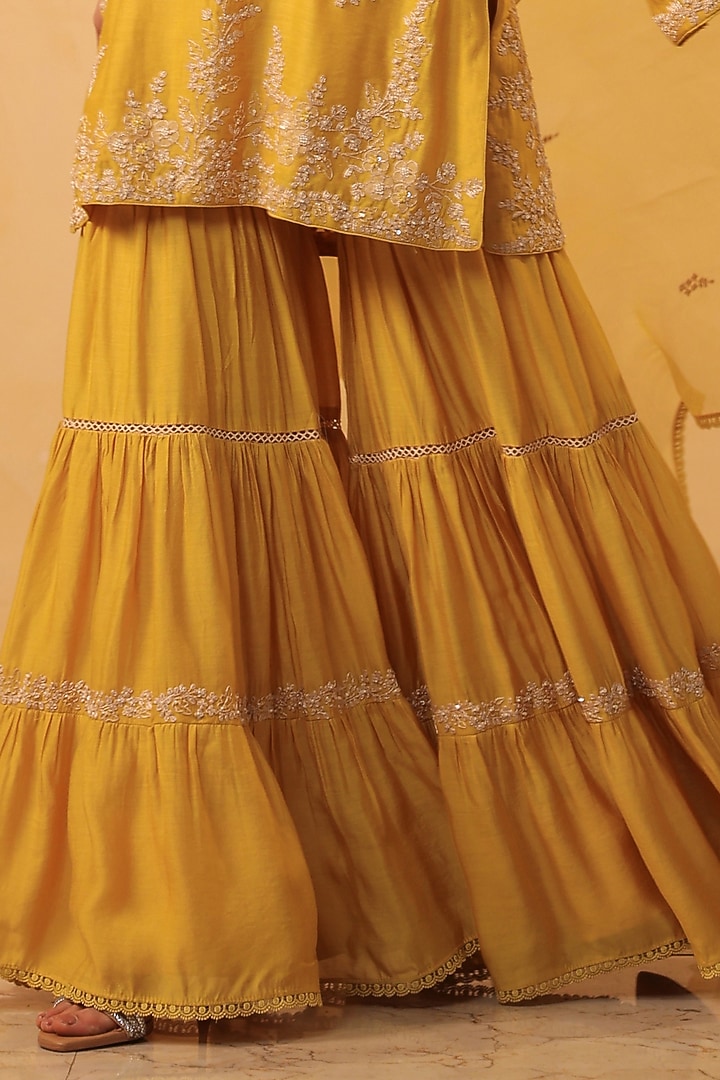 Yellow Silk Chanderi Resham Embroidered Layered Wedding Sharara Set by Niti Bothra at Pernia's Pop Up Shop
