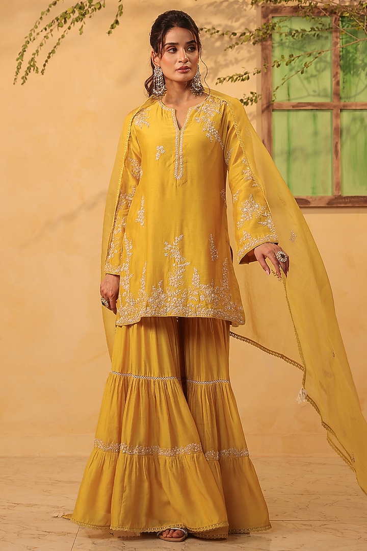 Yellow Silk Chanderi Resham Embroidered Layered Wedding Sharara Set by Niti Bothra at Pernia's Pop Up Shop