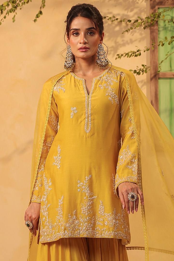 Yellow Silk Chanderi Resham Embroidered Layered Wedding Sharara Set by Niti Bothra at Pernia's Pop Up Shop