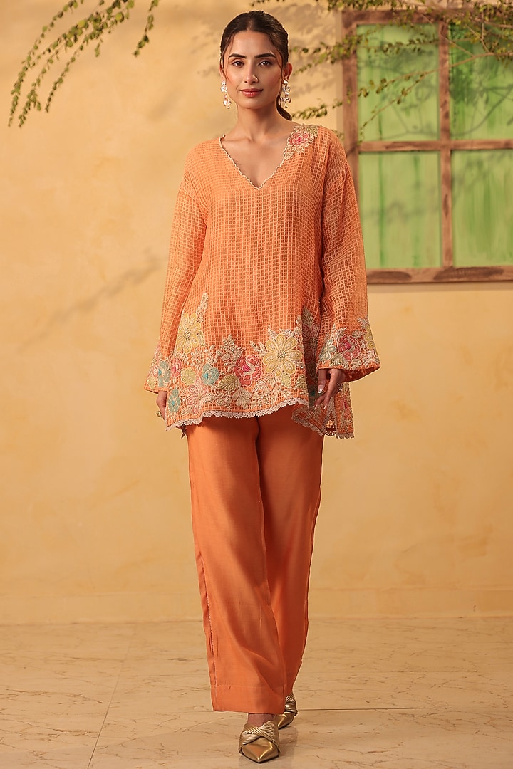 Orange Silk chanderi Applique & Resham Embroidered Co-Ord Set by Niti Bothra at Pernia's Pop Up Shop