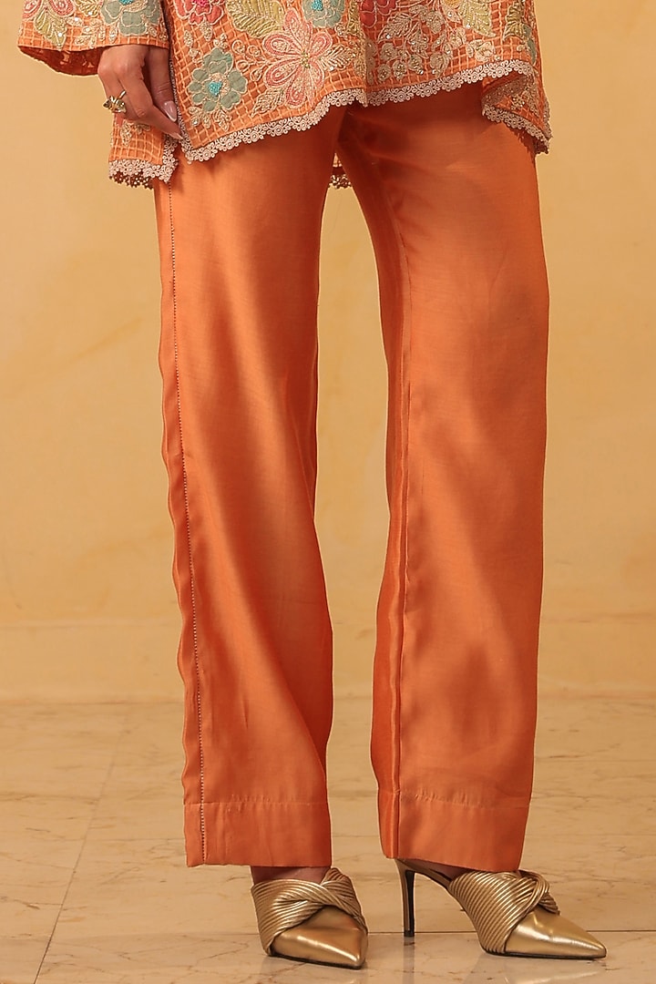 Orange Silk chanderi Applique & Resham Embroidered Co-Ord Set by Niti Bothra at Pernia's Pop Up Shop
