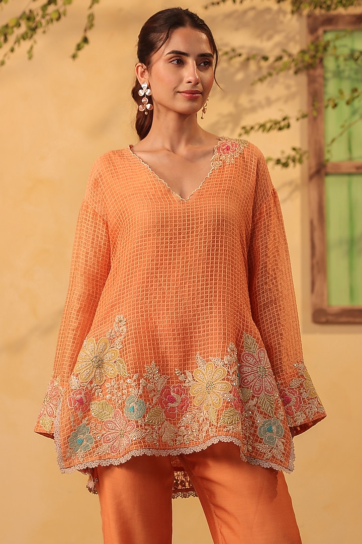 Orange Silk chanderi Applique & Resham Embroidered Co-Ord Set by Niti Bothra at Pernia's Pop Up Shop