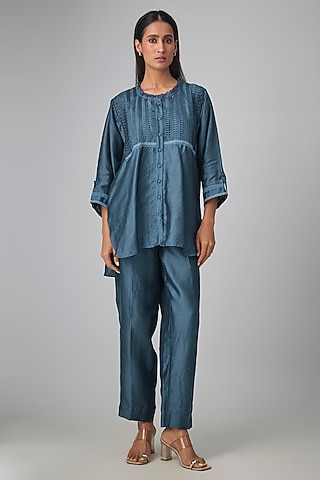 Dark Blue Silk Tencel Co-Ord Set by Niti Bothra