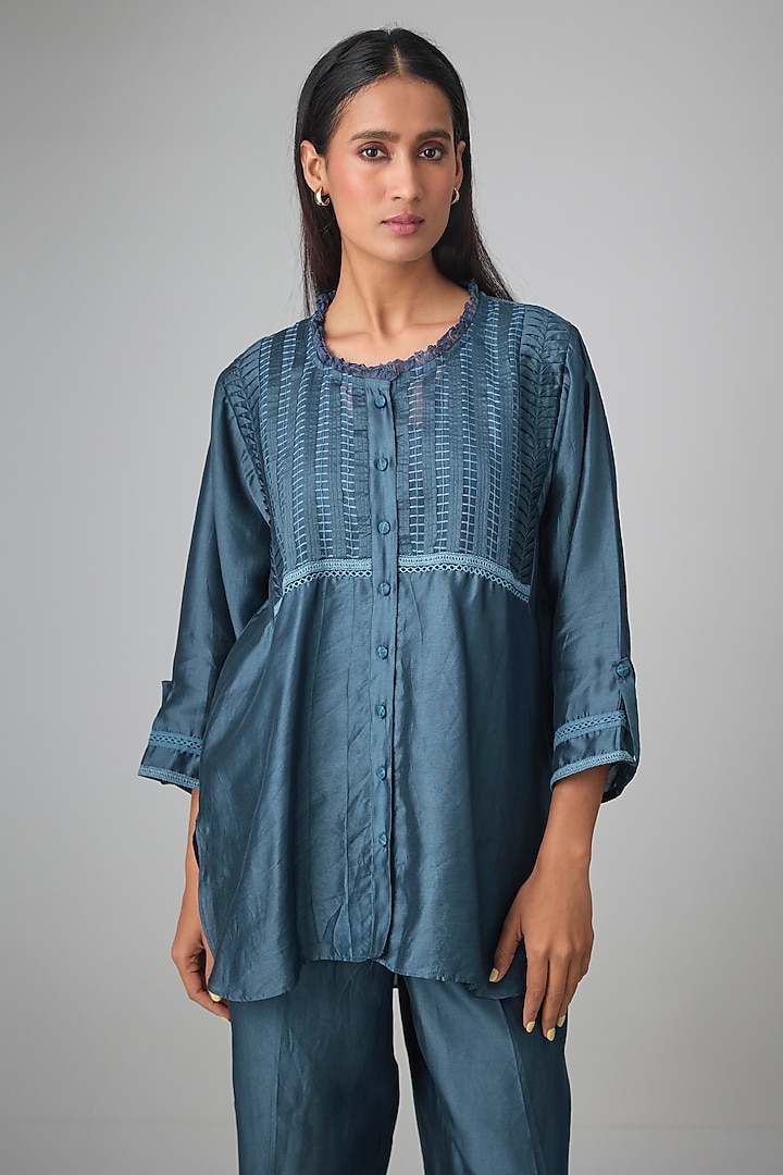 Dark Blue Silk Tencel Co-Ord Set by Niti Bothra at Pernia's Pop Up Shop
