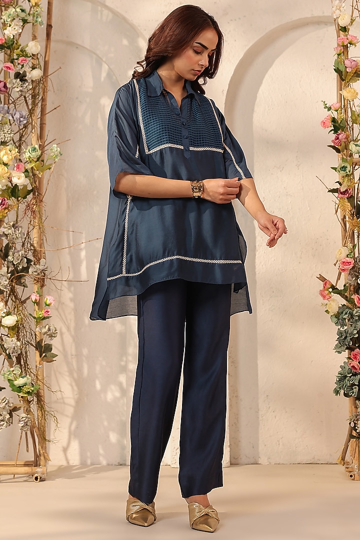 Dark Blue Silk Tencel Co-Ord Set by Niti Bothra at Pernia's Pop Up Shop