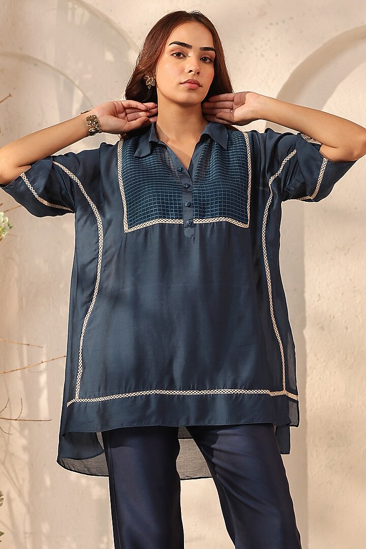 Dark Blue Silk Tencel Co-Ord Set by Niti Bothra at Pernia's Pop Up Shop