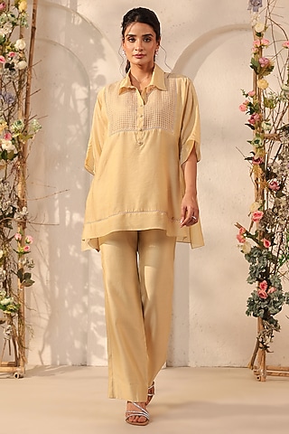 Beige Silk Tencel Co-Ord Set by Niti Bothra
