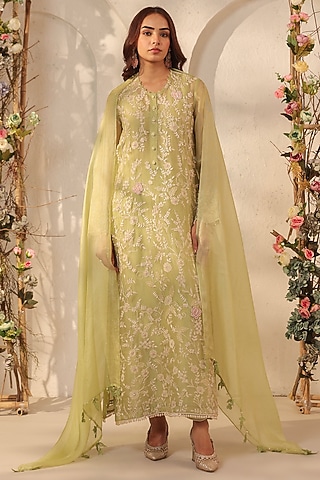Green Silk Tencel Resham & Applique Embroidered Kurta Set by Niti Bothra