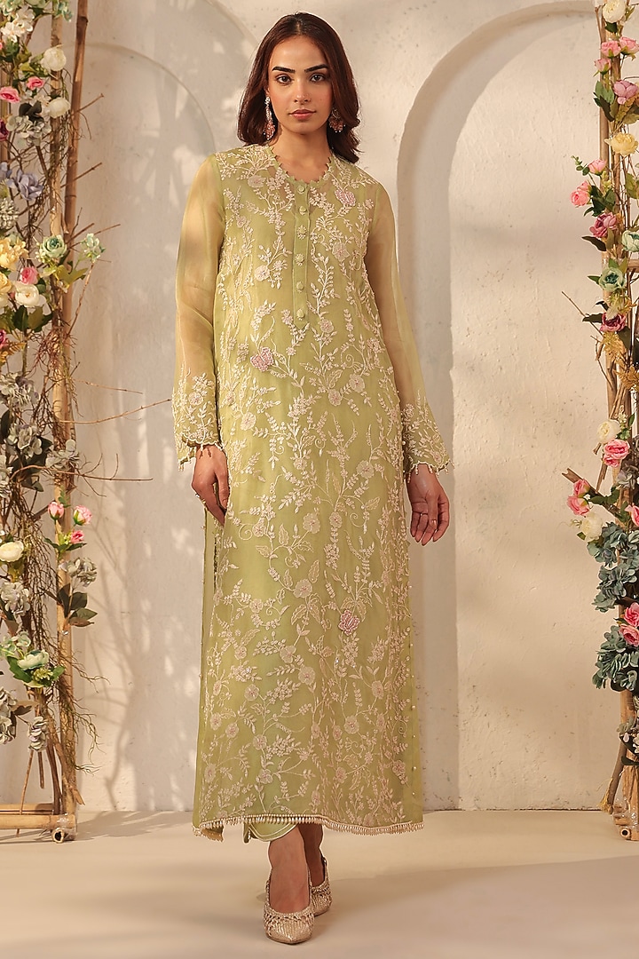 Green Silk Tencel Resham & Applique Embroidered Kurta Set by Niti Bothra at Pernia's Pop Up Shop