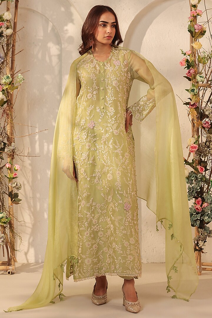 Green Silk Tencel Resham & Applique Embroidered Kurta Set by Niti Bothra at Pernia's Pop Up Shop
