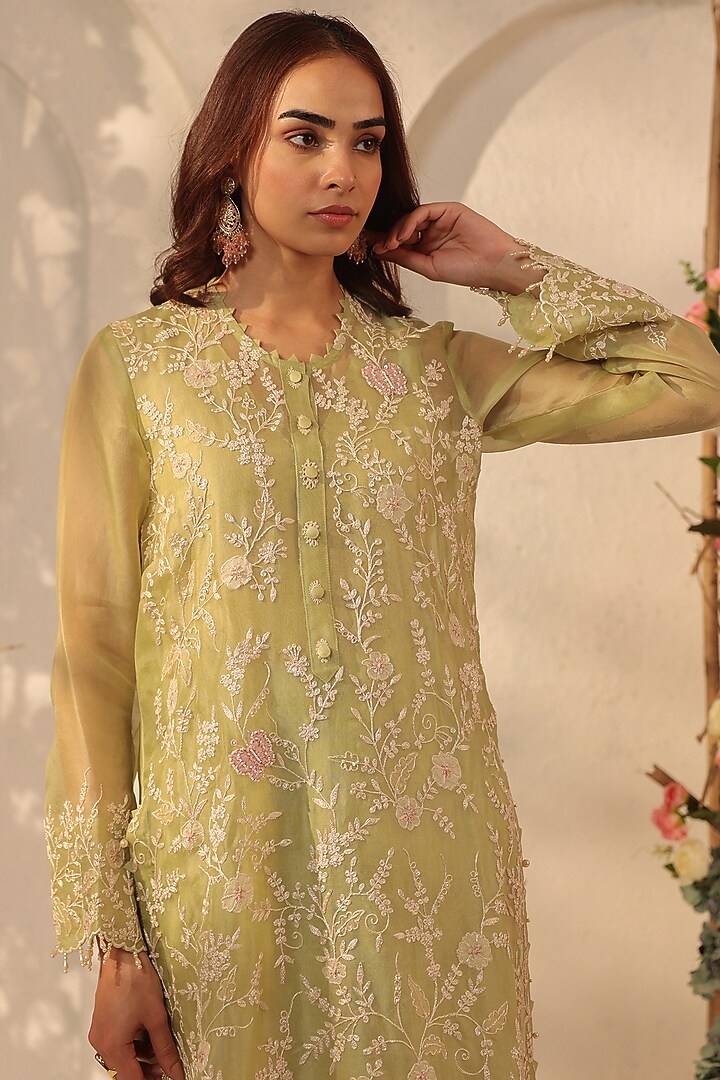 Green Silk Tencel Resham & Applique Embroidered Kurta Set by Niti Bothra at Pernia's Pop Up Shop