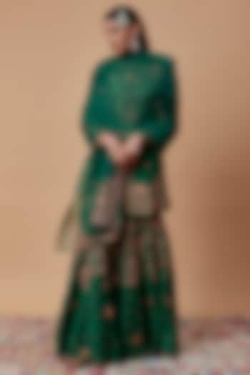 Green Silk Embroidered Sharara Set by Niti Bothra