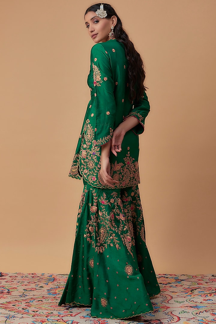 Green Silk Embroidered Wedding Sharara Set by Niti Bothra at Pernia's Pop Up Shop