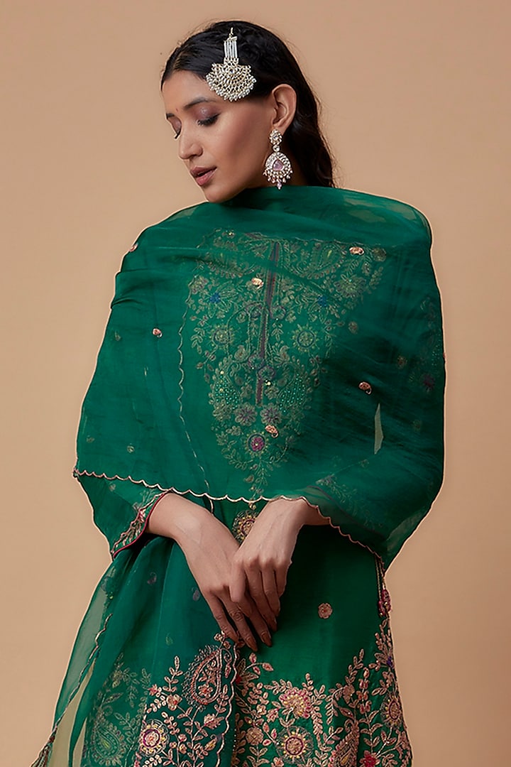 Green Silk Embroidered Wedding Sharara Set by Niti Bothra at Pernia's Pop Up Shop