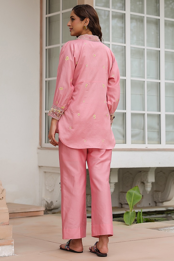 Pink Silk Tencel 3D Floral Embroidered Co-Ord Set by Niti Bothra at Pernia's Pop Up Shop