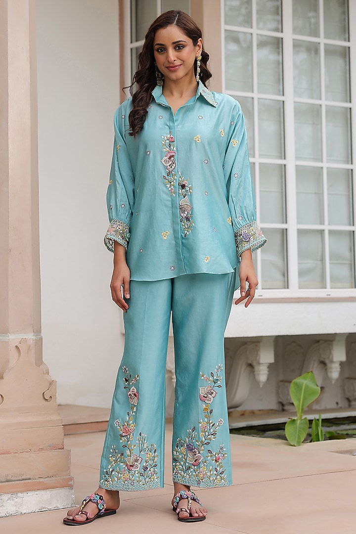 Blue Silk Tencel 3D Floral Embroidered Co-Ord Set by Niti Bothra at Pernia's Pop Up Shop