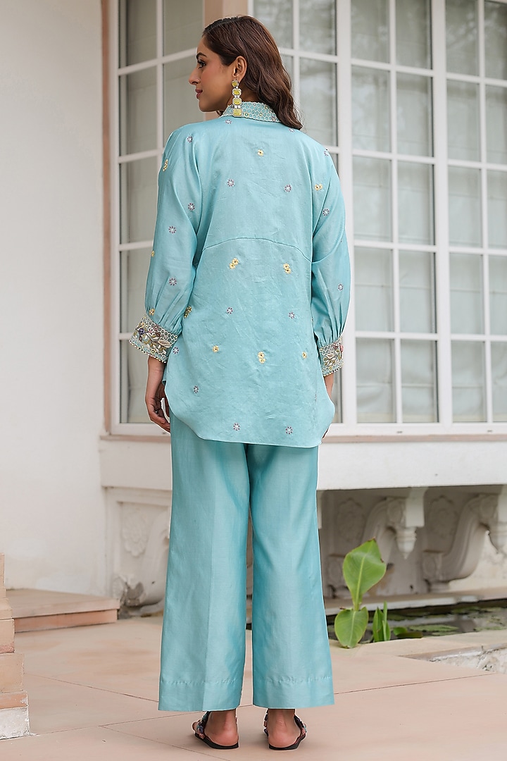 Blue Silk Tencel 3D Floral Embroidered Co-Ord Set by Niti Bothra at Pernia's Pop Up Shop