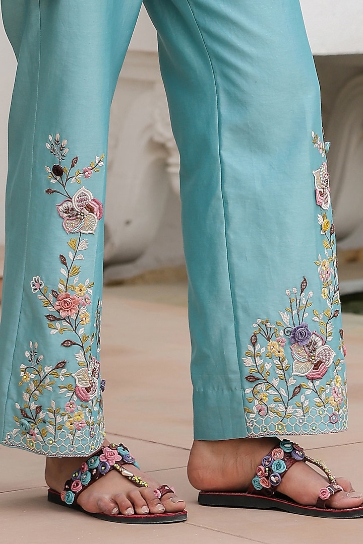 Blue Silk Tencel 3D Floral Embroidered Co-Ord Set by Niti Bothra at Pernia's Pop Up Shop